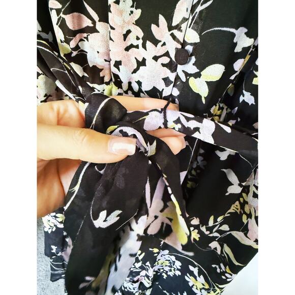 Calvin Klein Ruffle Flounce Midi Dress Black Belted 1X Fall Floral Event Boho - Picture 7 of 10